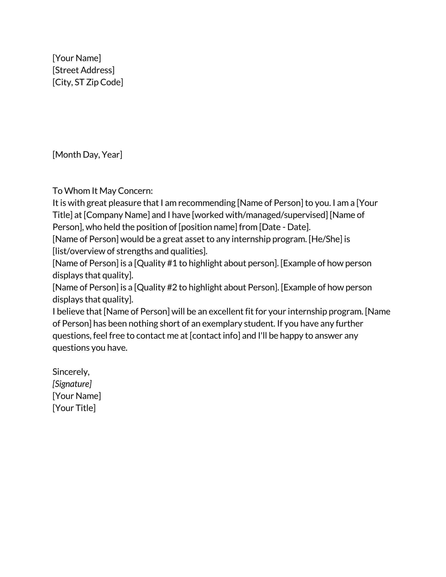  college letter of recommendation template