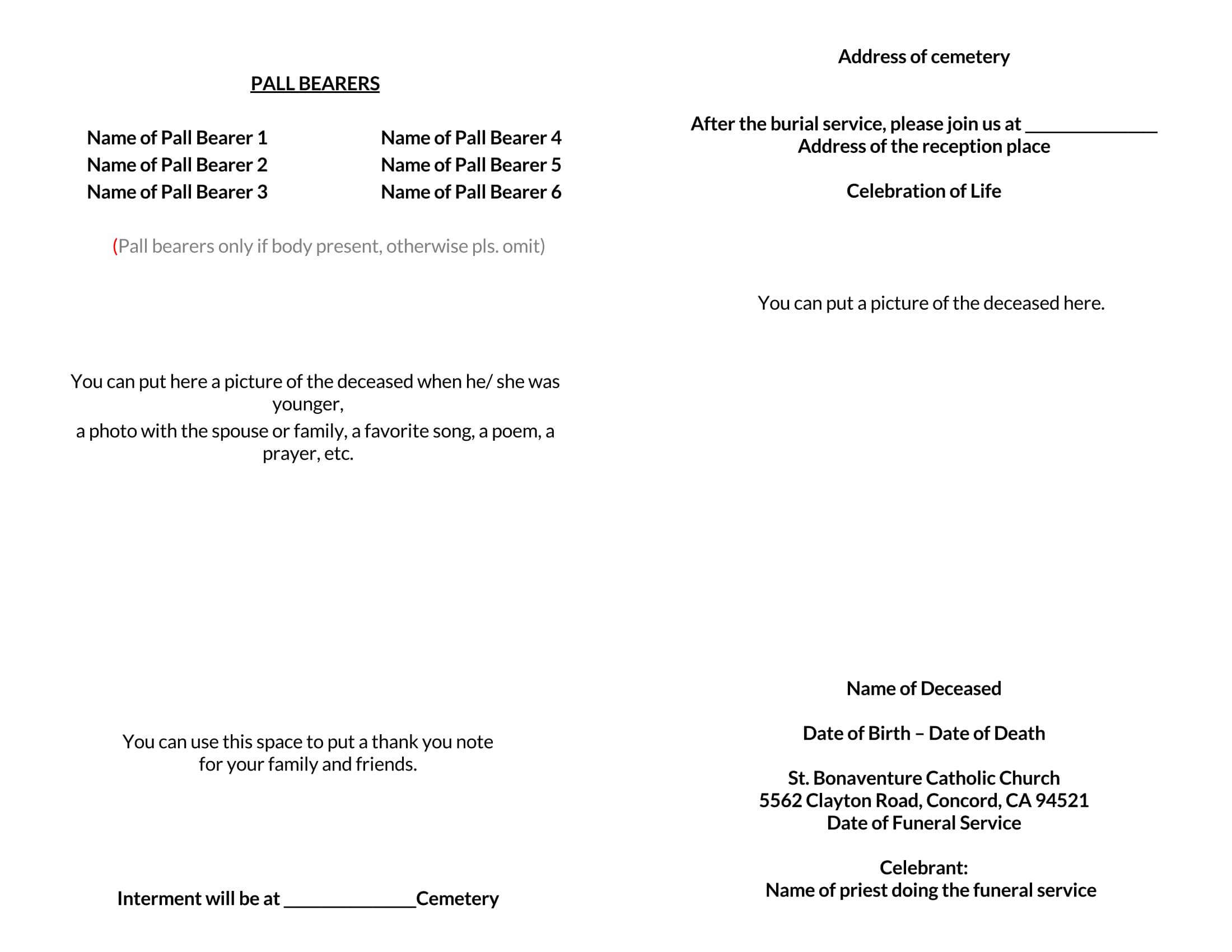 free printable memorial service templates