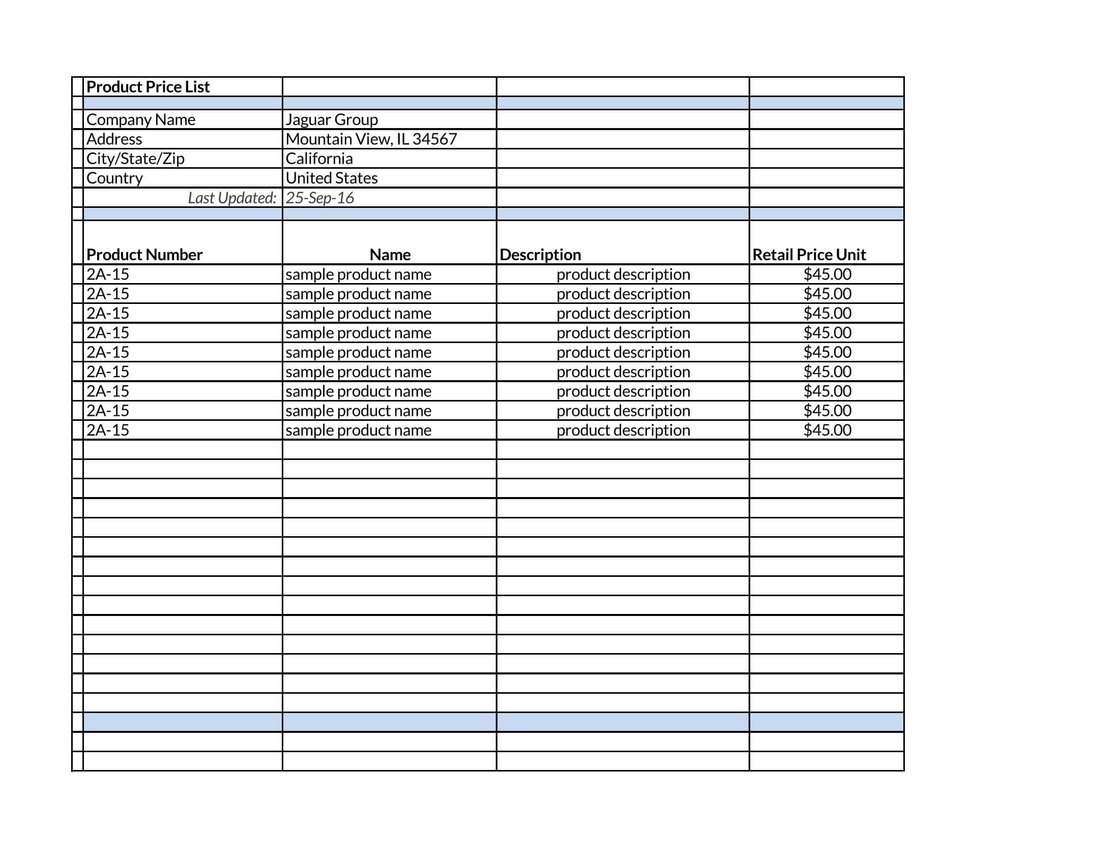 Excel price list template example