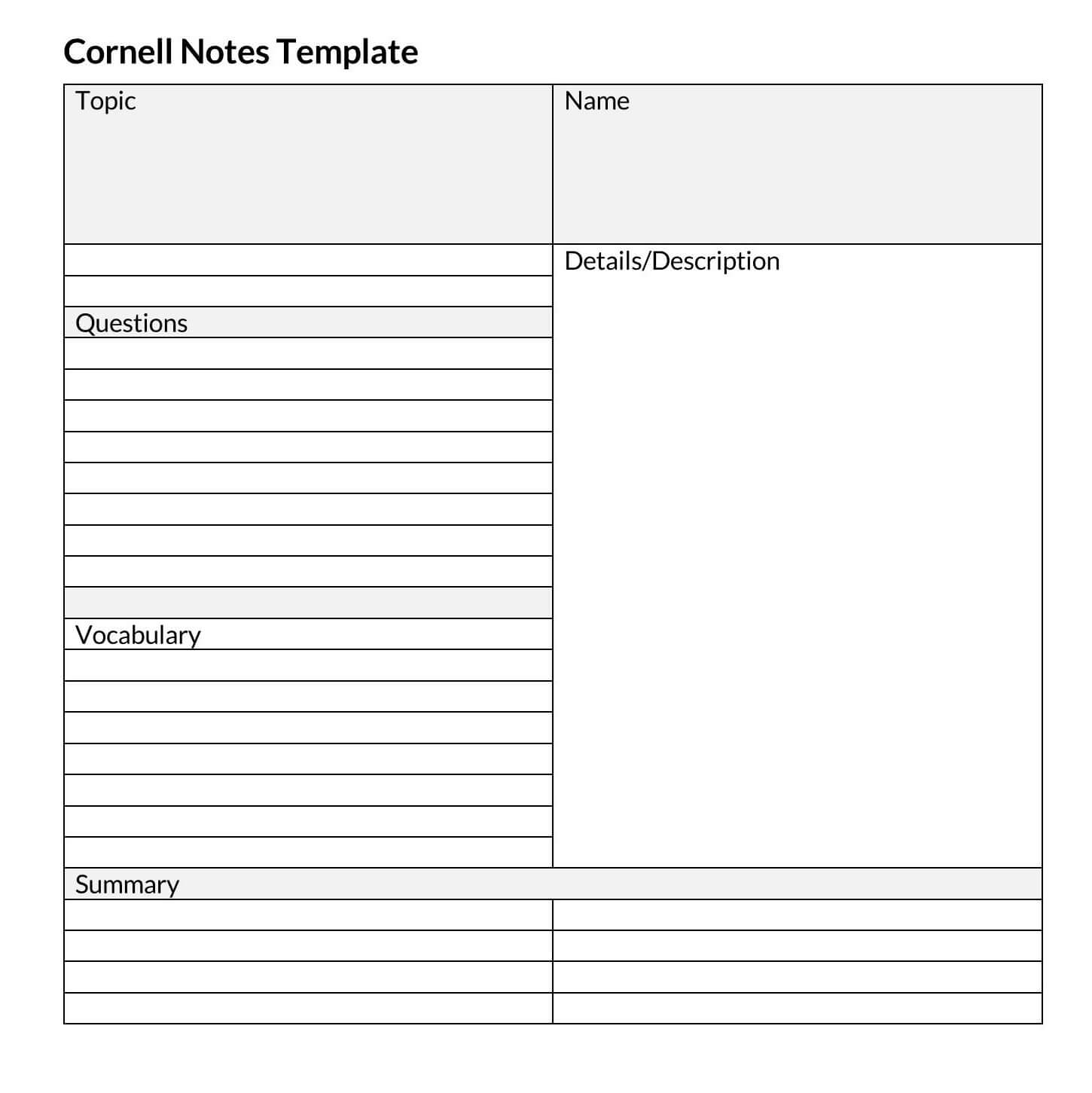 Free Cornell Note Example Excel