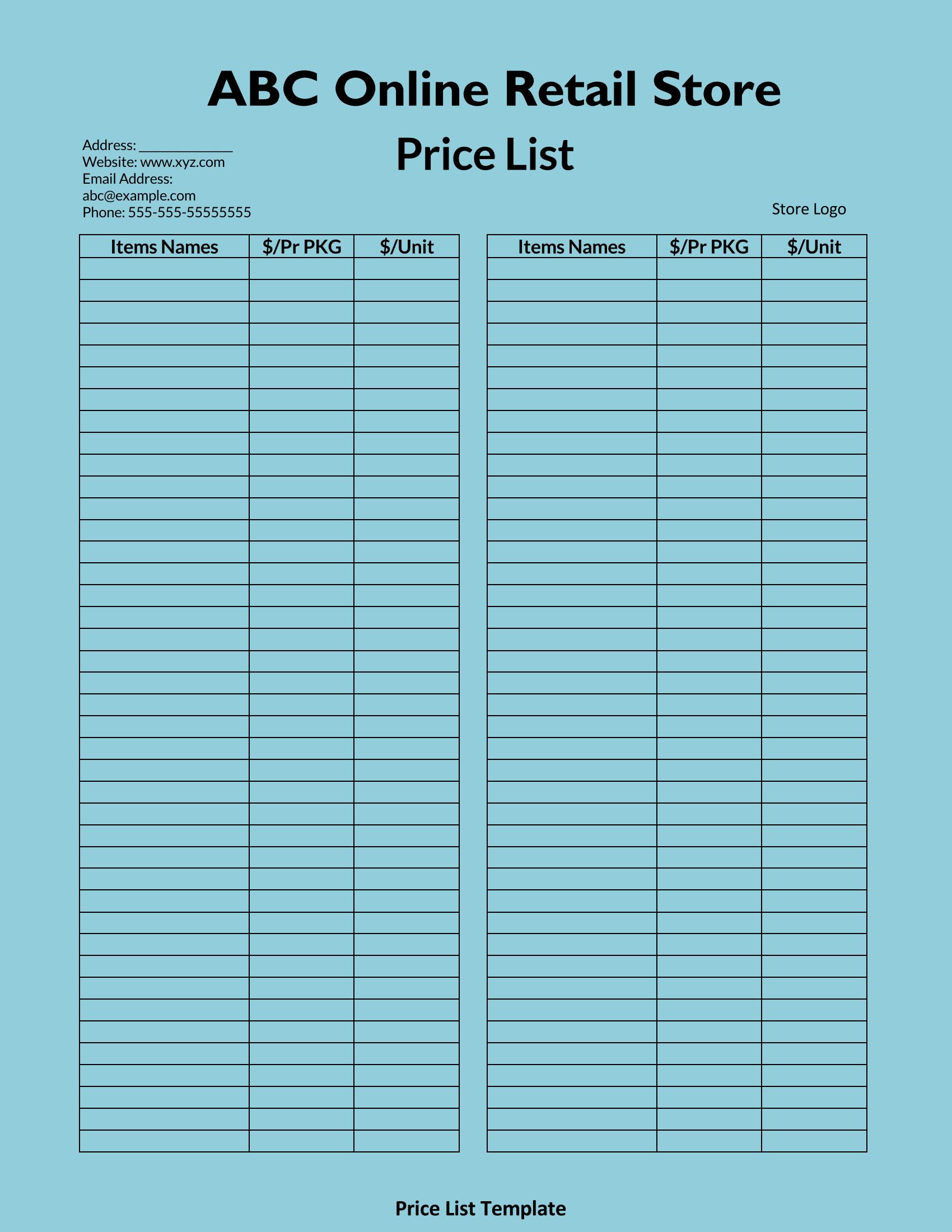 Downloadable price list template PDF