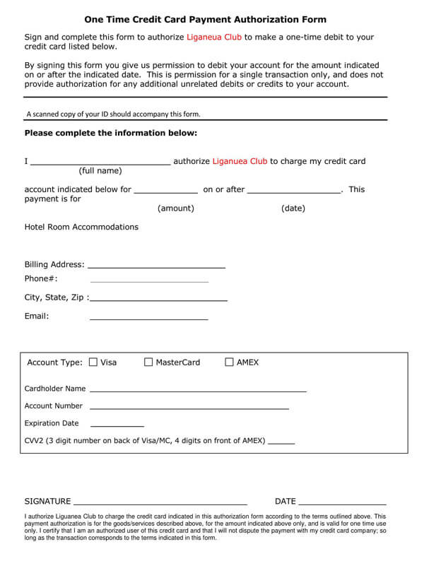 credit card authorization form template free excel