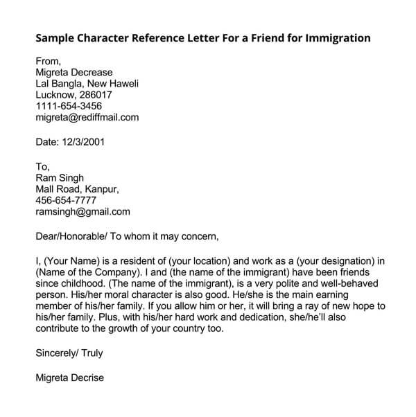 Great Editable Friend Immigrant Character Reference Letter Template 04 for Word Document