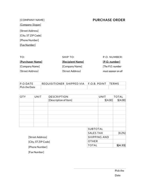 blank purchase order form printable