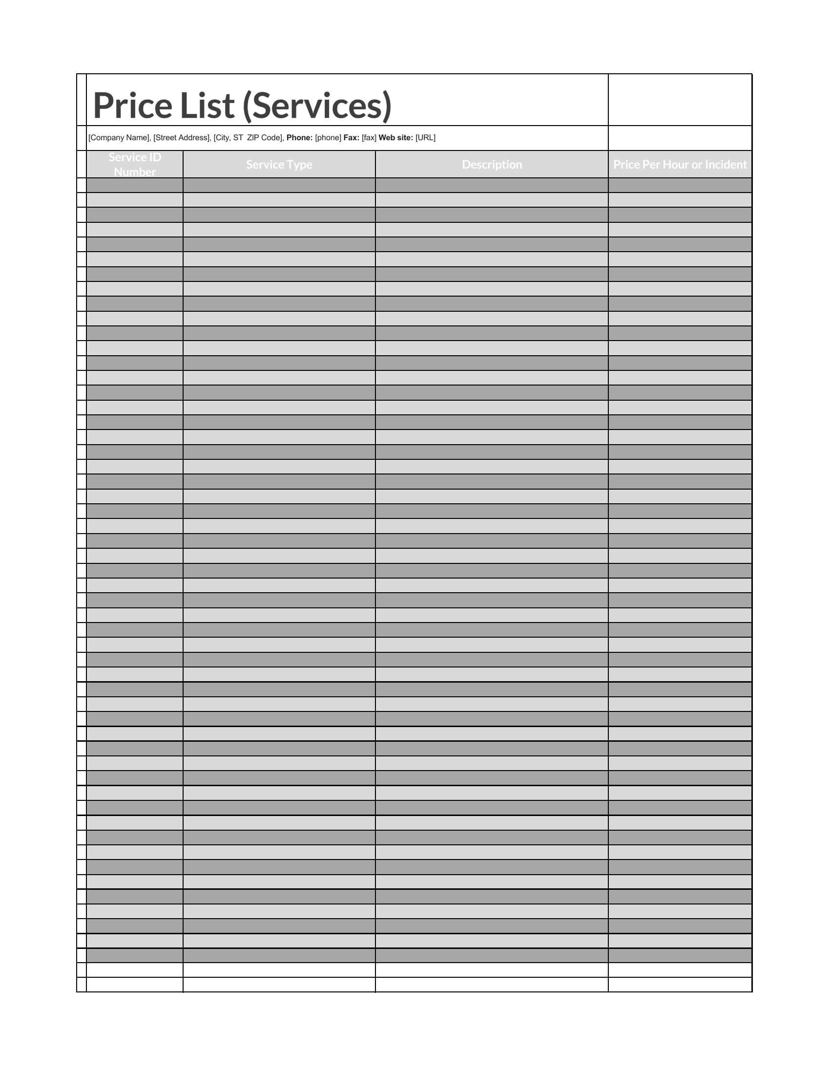 product price excel template
