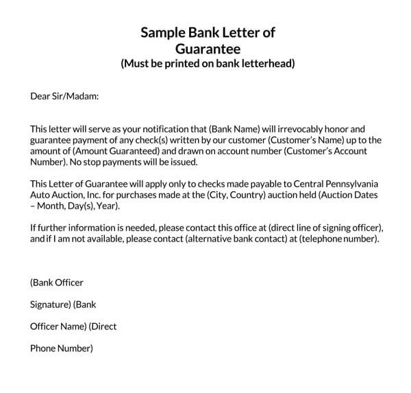 Printable Letter of Guarantee Worksheet