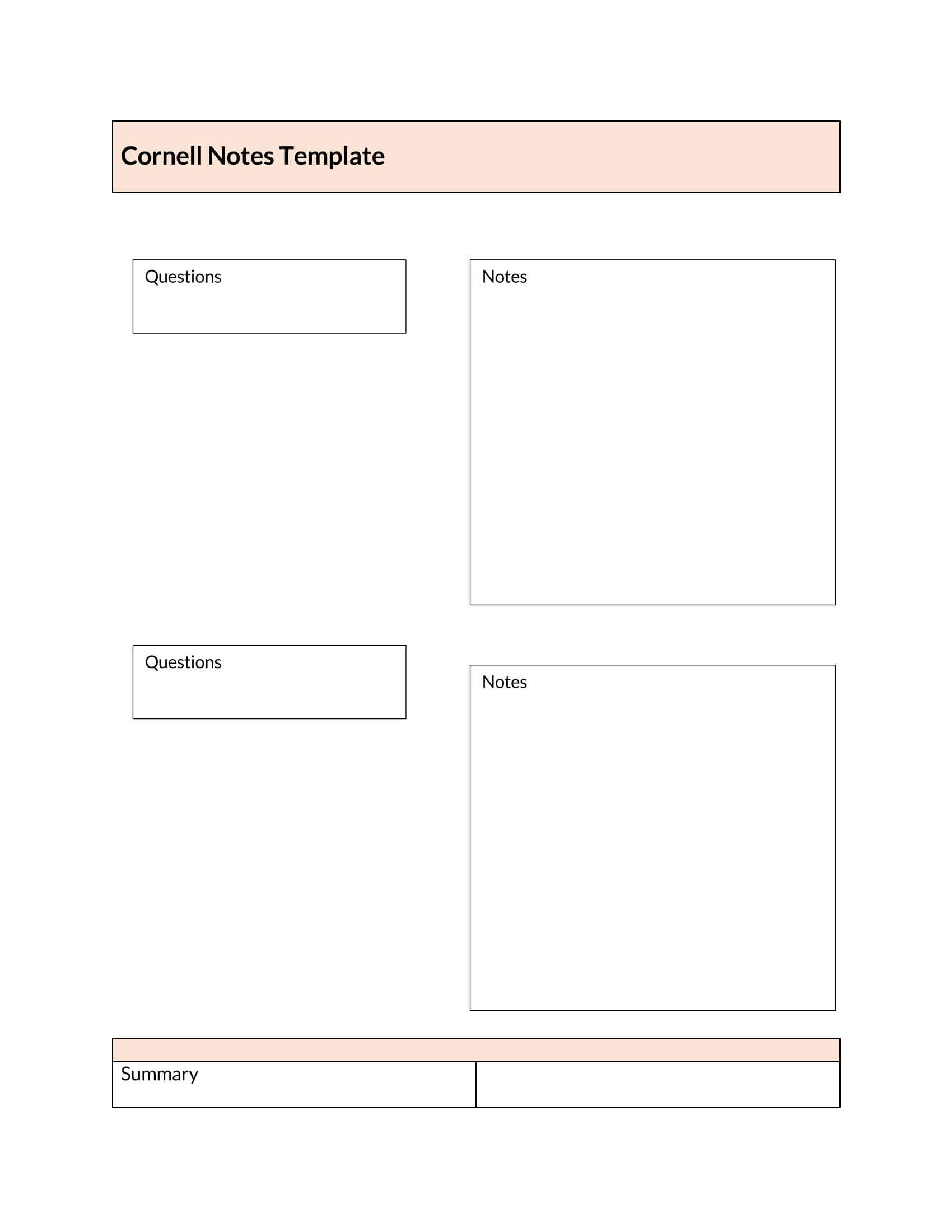 Editable Cornell Note Excel Sample