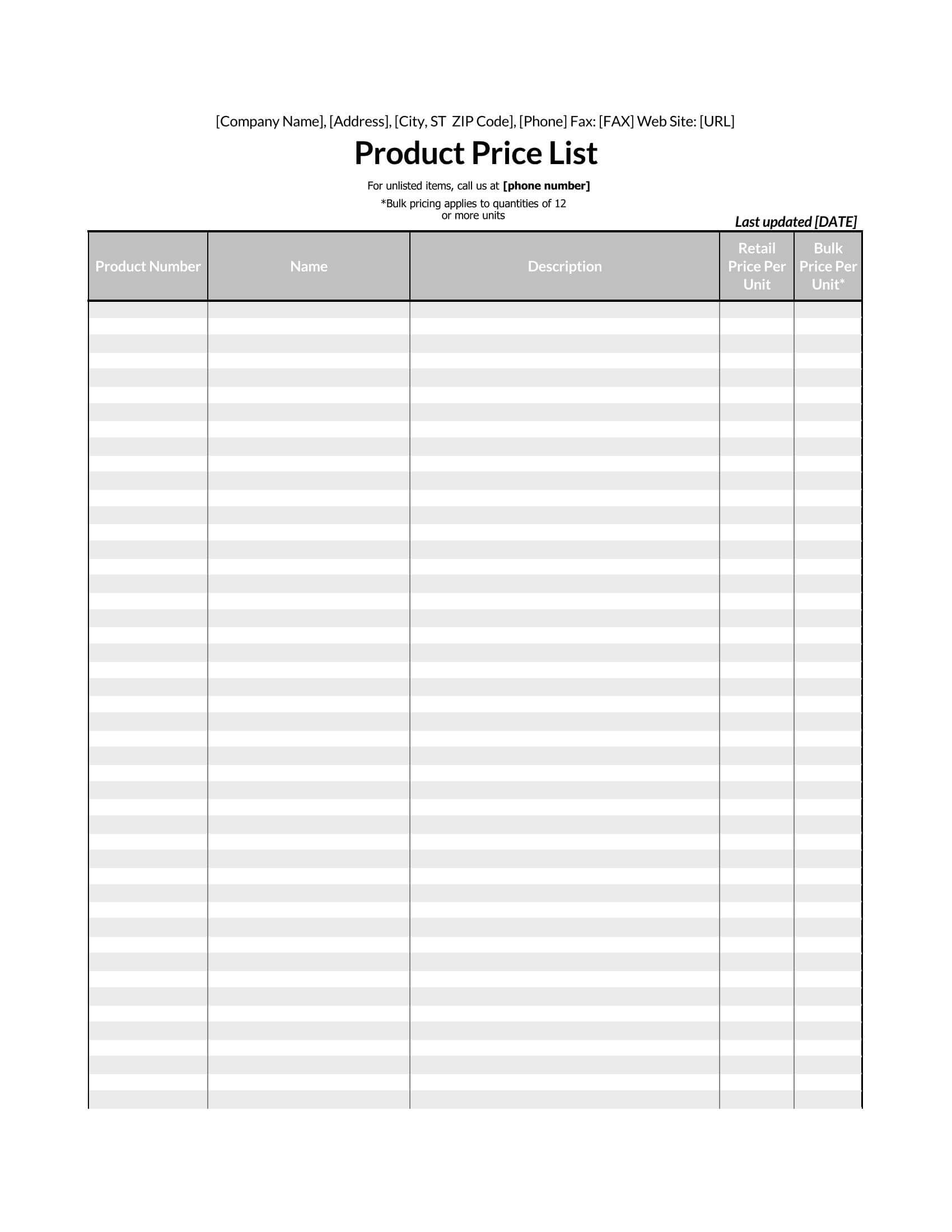Printable price list template in Excel