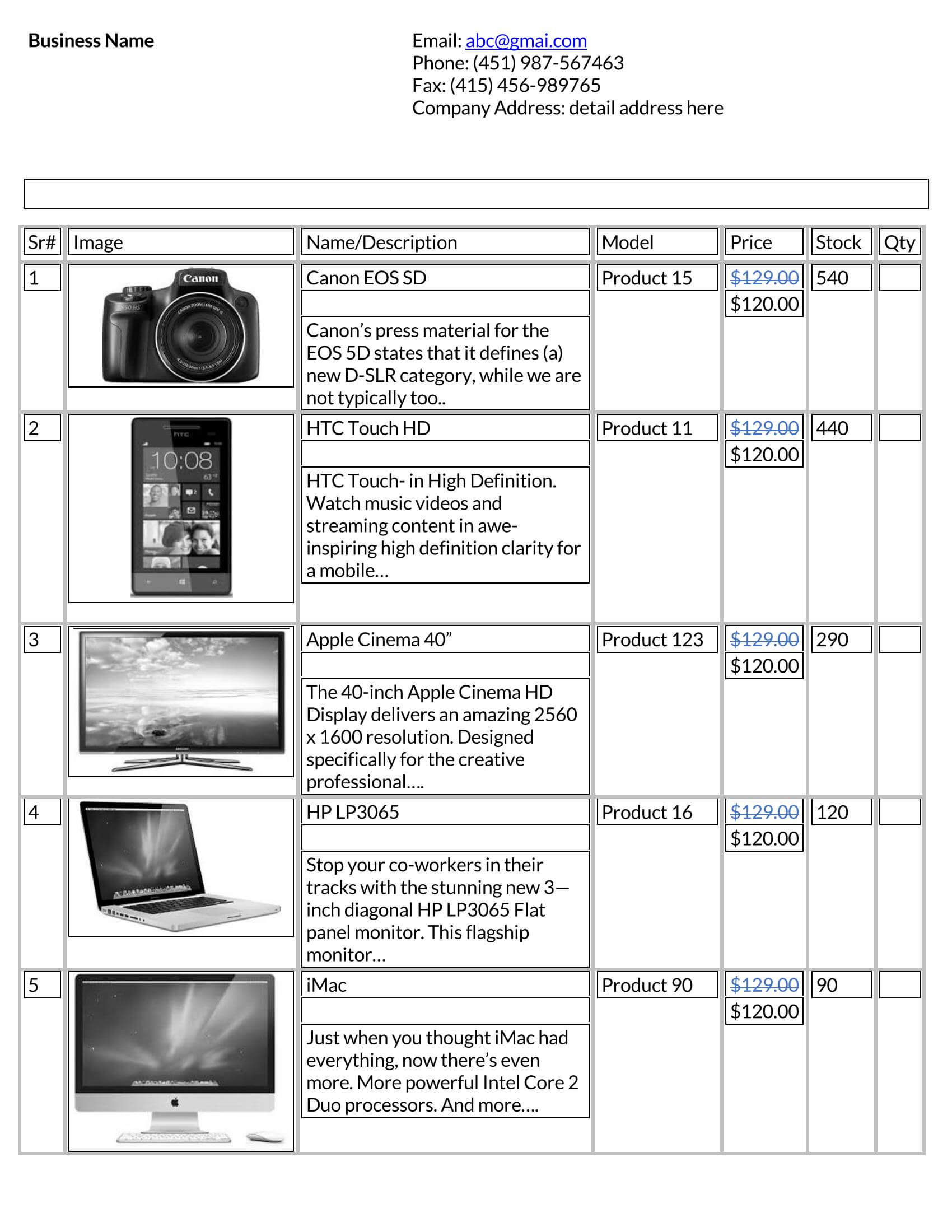 Premium price list template example