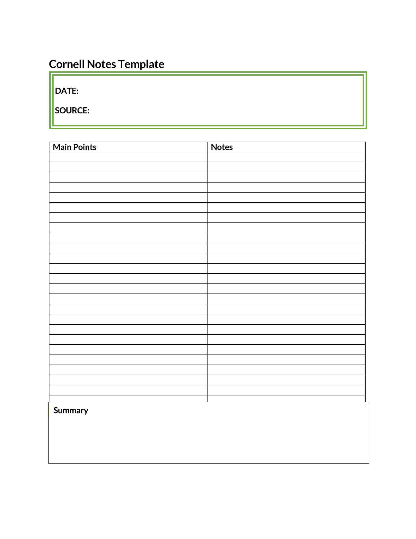 Blank Cornell Note Template Excel