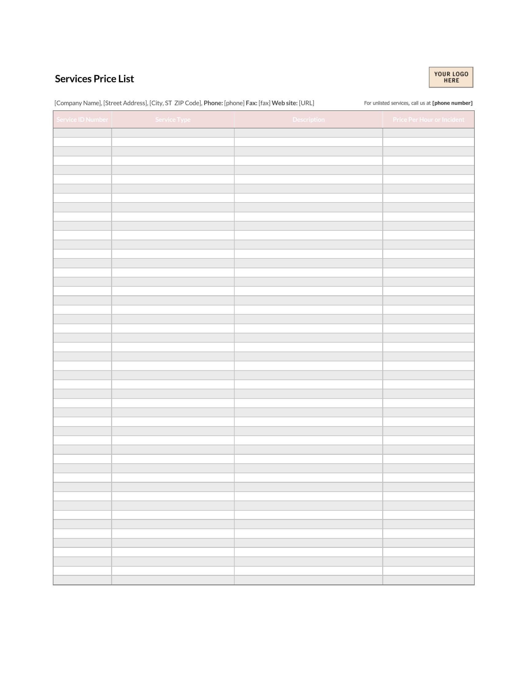 Easy-to-use price list template in Word