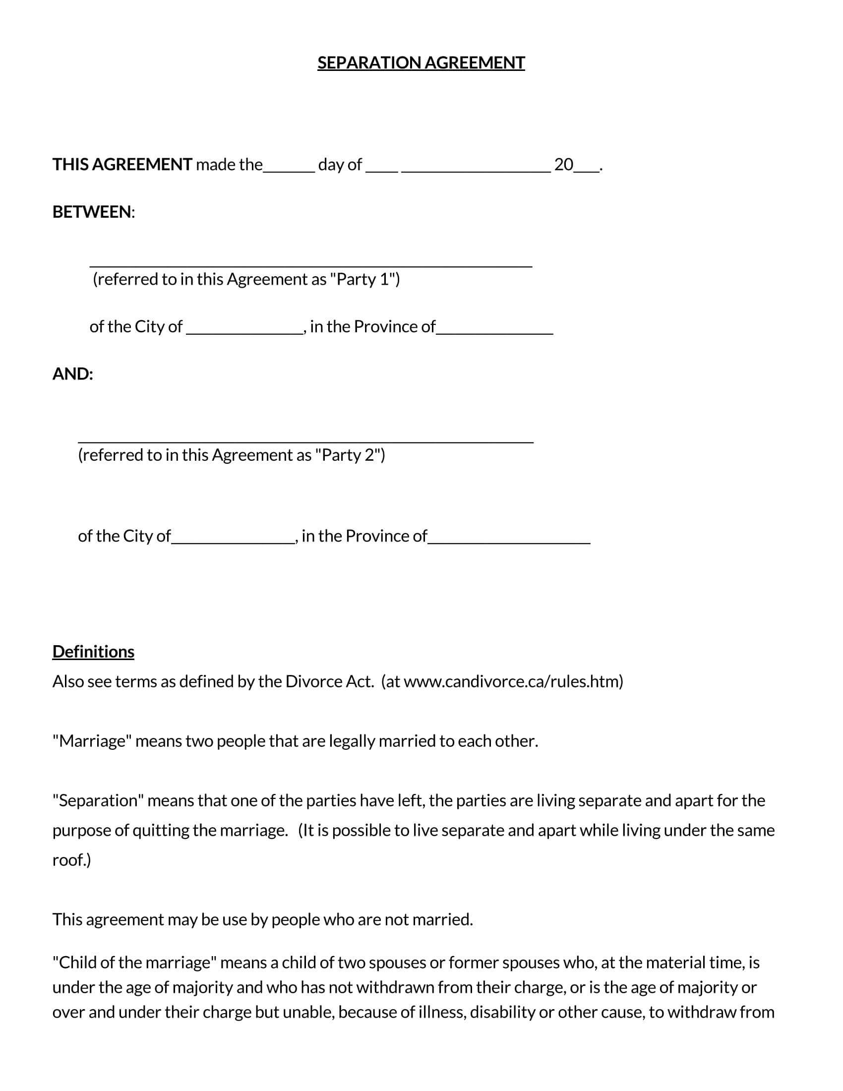 free marital separation agreement form