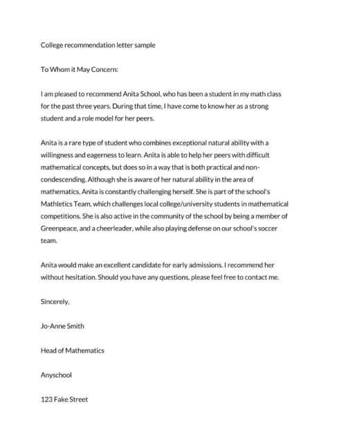 college recommendation letter template word