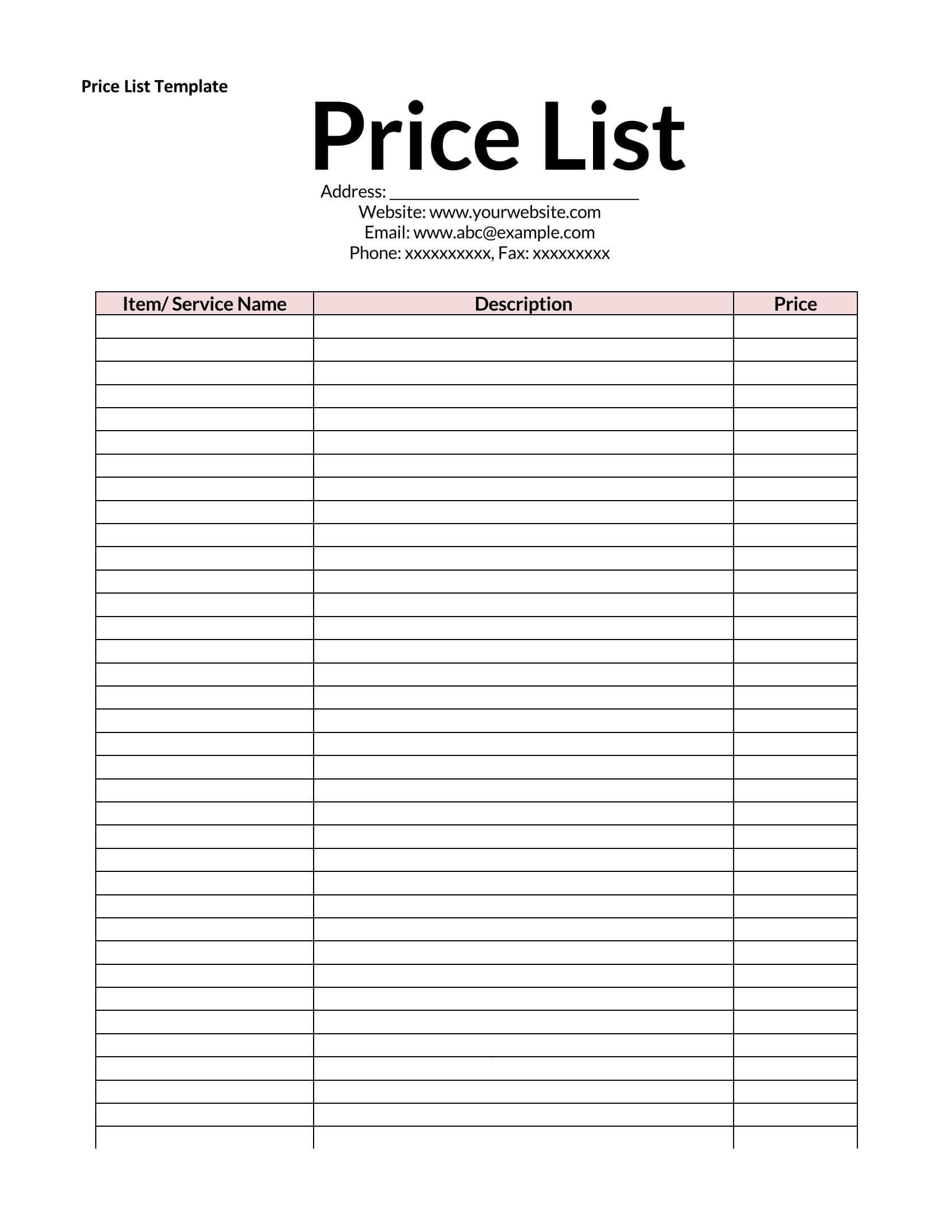 pricing chart template free