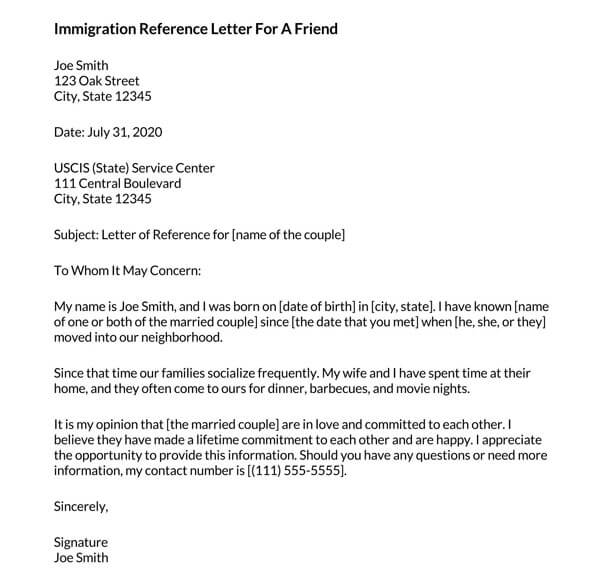 sample reference letter from employer for immigration pdf
