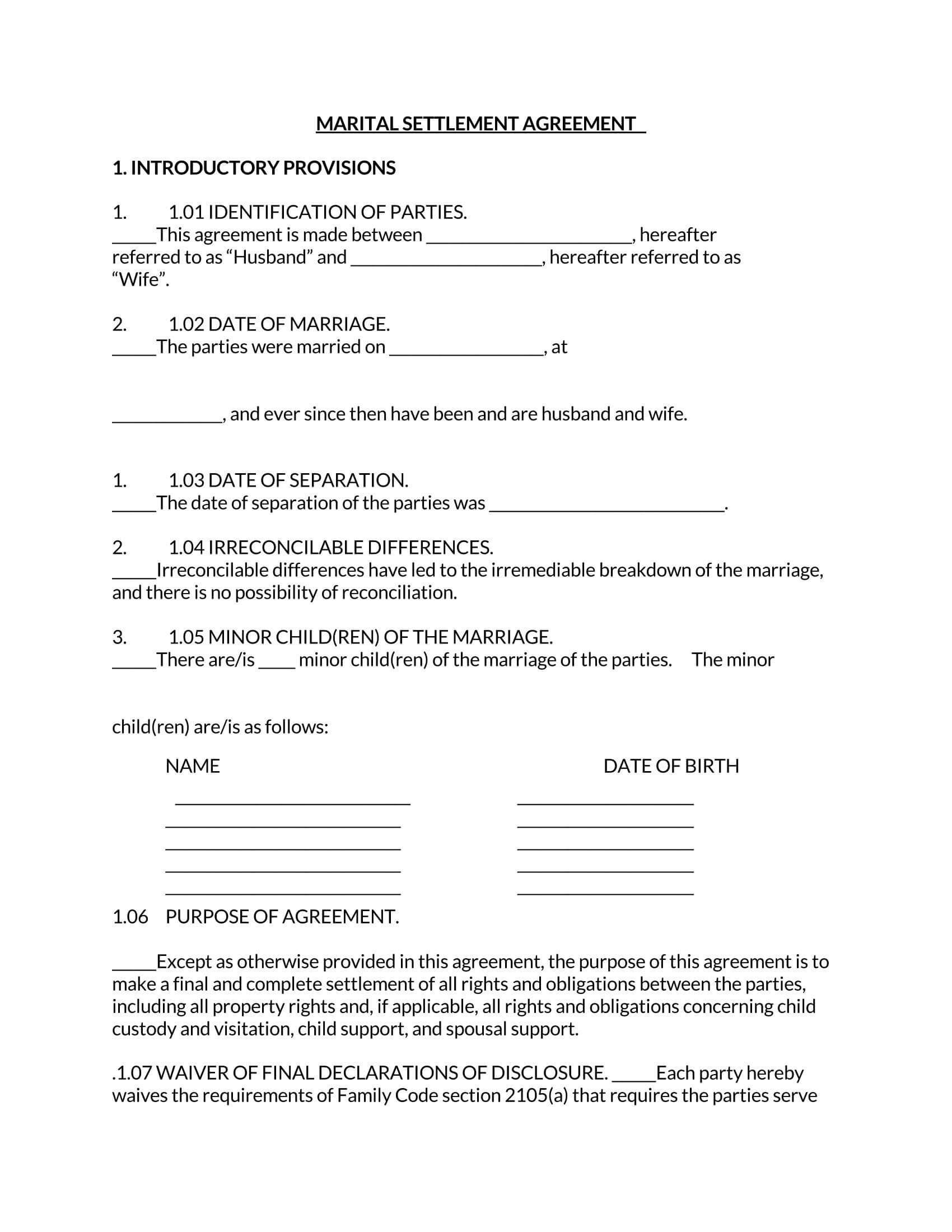 free divorce agreement form