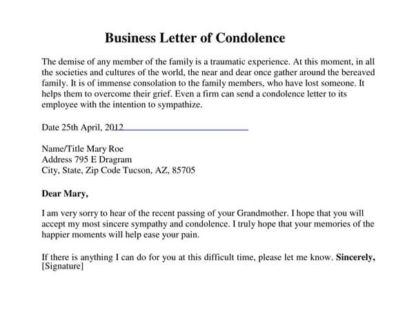 Great Printable Business Condolence Letter Sample for Pdf File