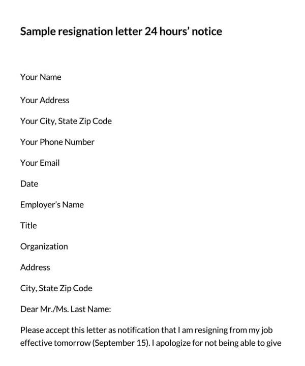 Free Printable 24 Hours Notice Resignation Letter Template for Word Format