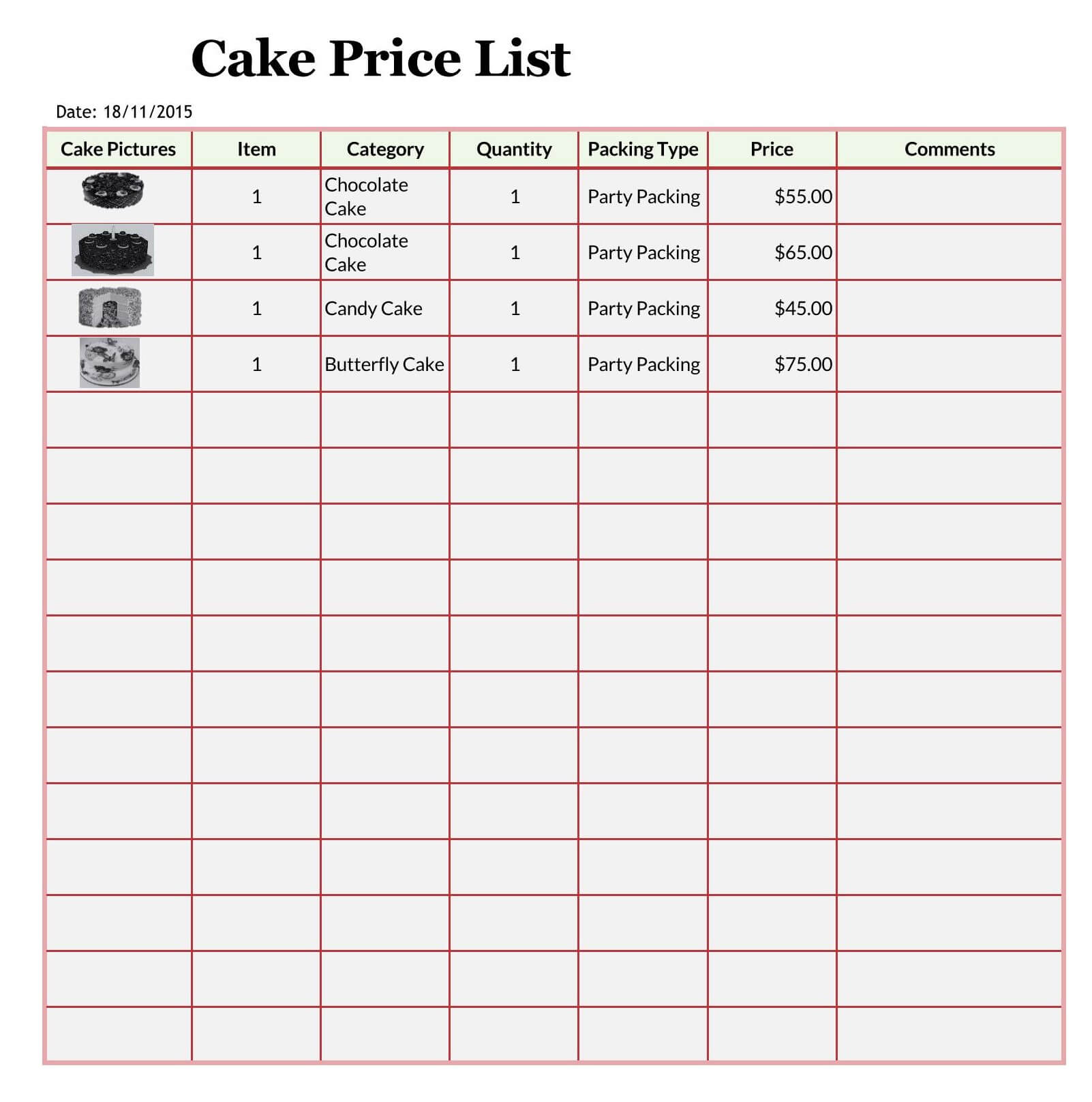 Customizable price list template for businesses