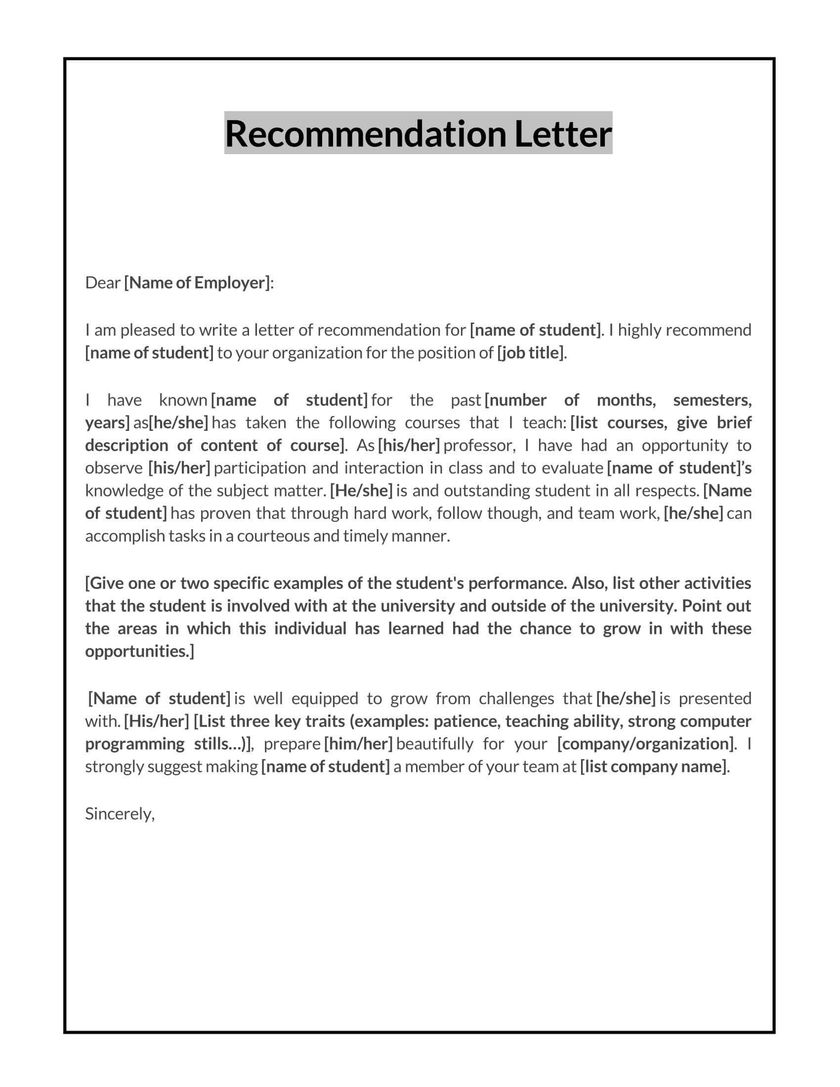 personal letter of recommendation for college student