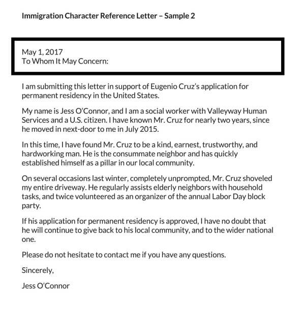 sample reference letter from employer for immigration pdf