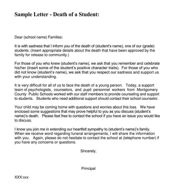 Great Printable Death of Student Condolence Letter Sample for Pdf File