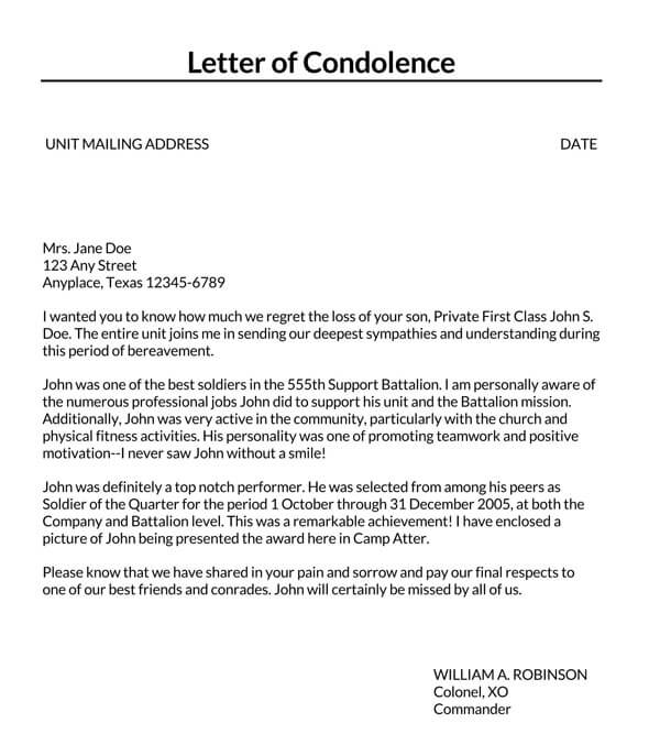 Free Printable Death of Son Condolence Letter Sample 01 as Word Format