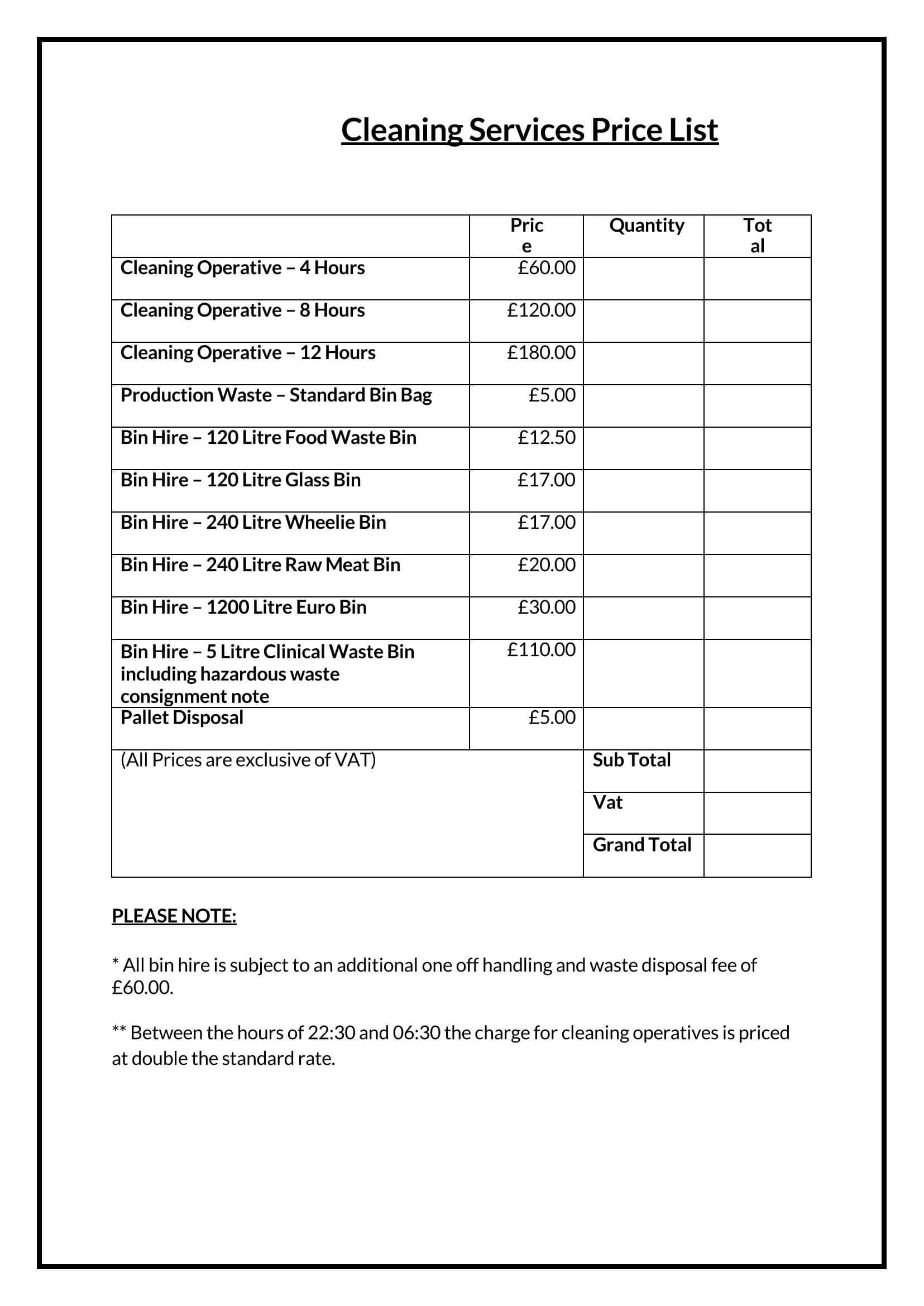 free price sheet template