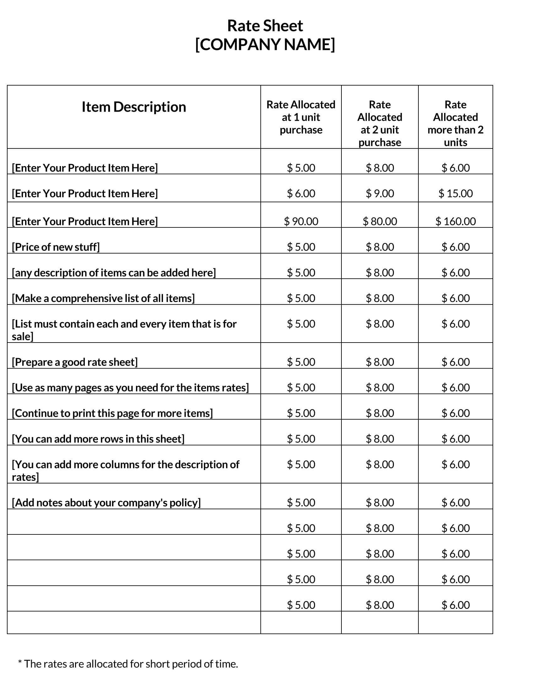 Free printable price list template PDF