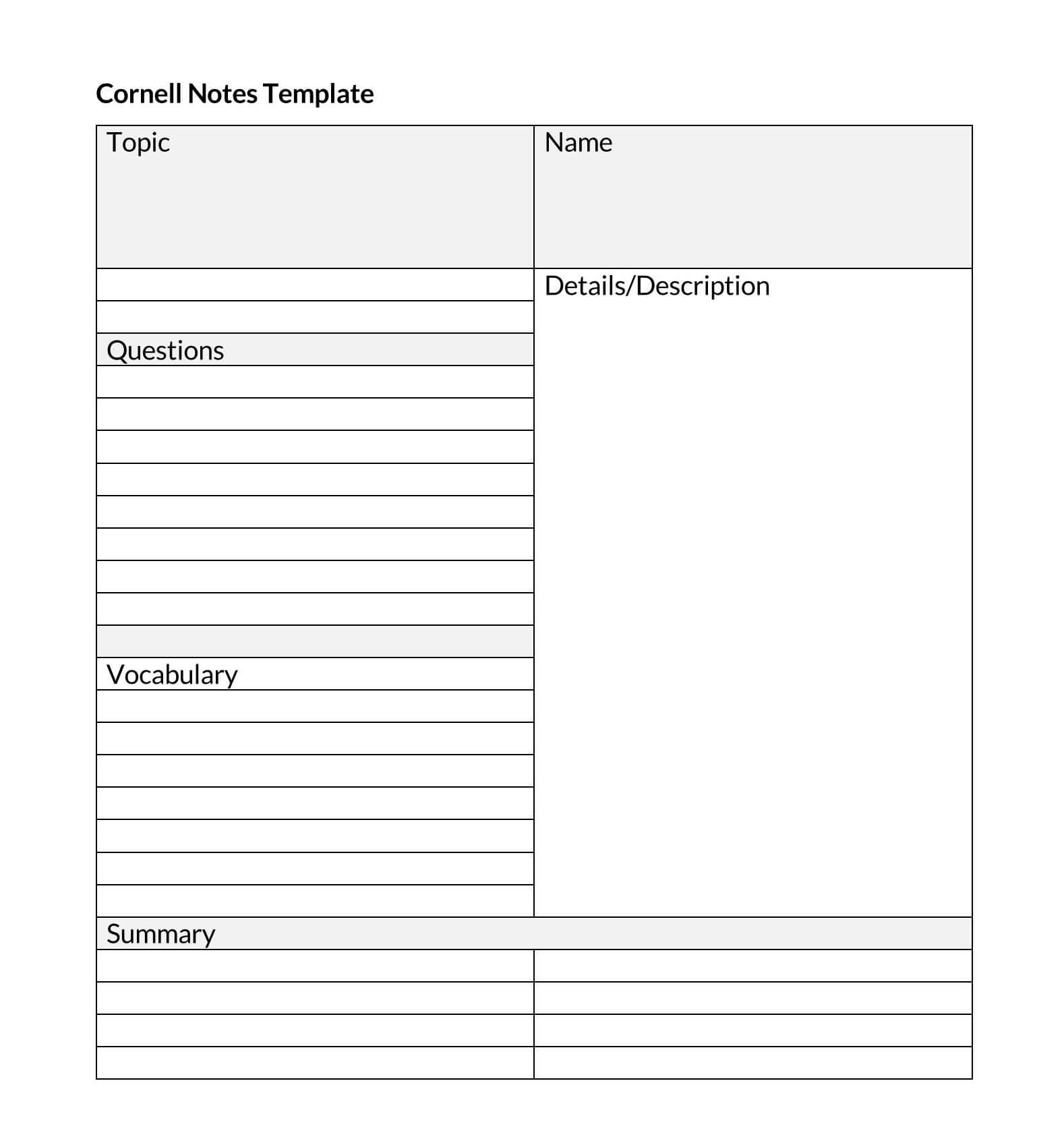 Customizable Cornell Note Template Word