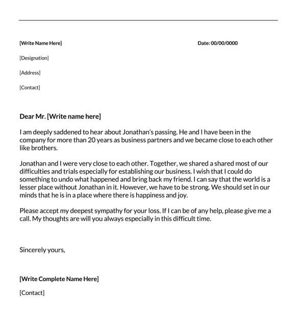 Free Editable Death of Business Partner Condolence Letter Sample for Word File
