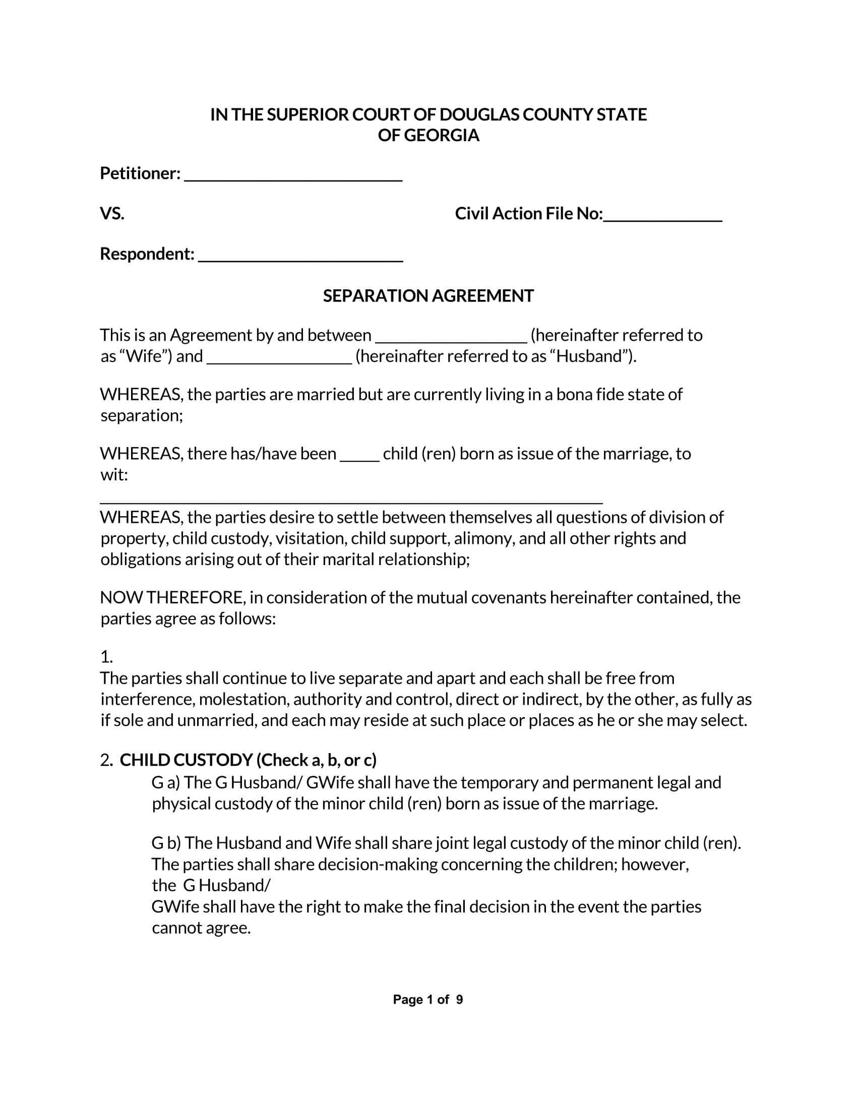 Free separation agreement template in printable format 30