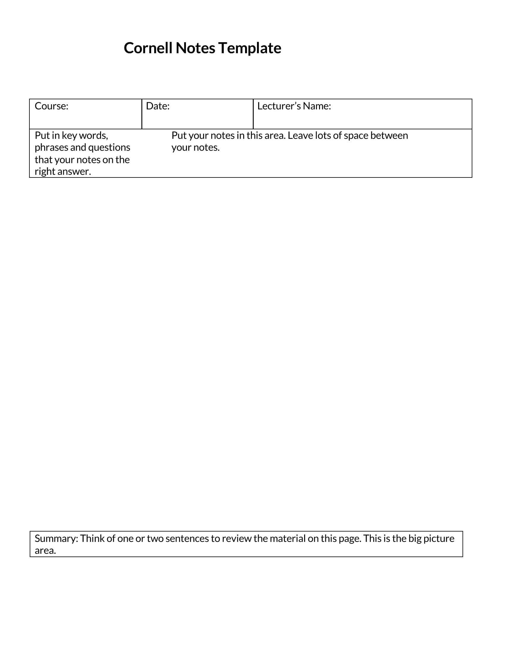 Blank Cornell Note Template Word