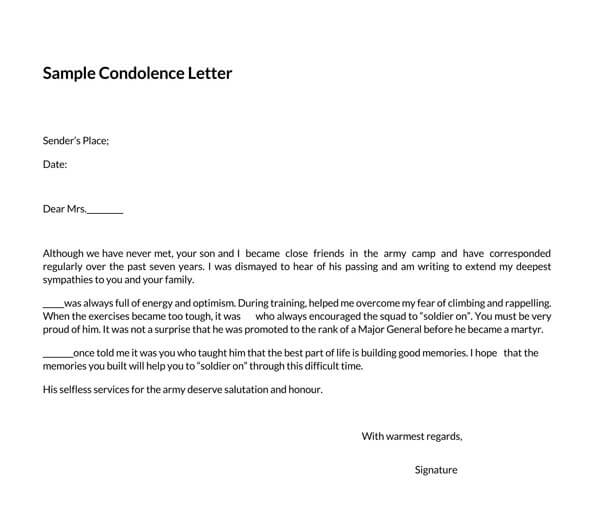 Free Printable Death of Son Condolence Letter Sample 02 as Word Format