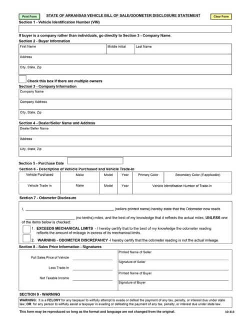 Arkansas Motor Vehicle Bill of Sale Form 10-313 Odometer Disclosure Statement
