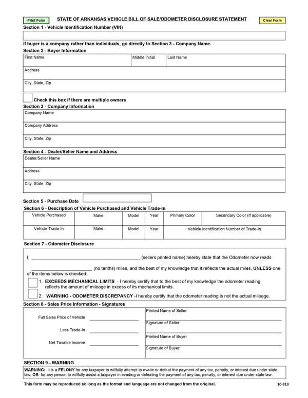 Free Arkansas Motor Vehicle Bill of Sale Form 10-313 for PDF