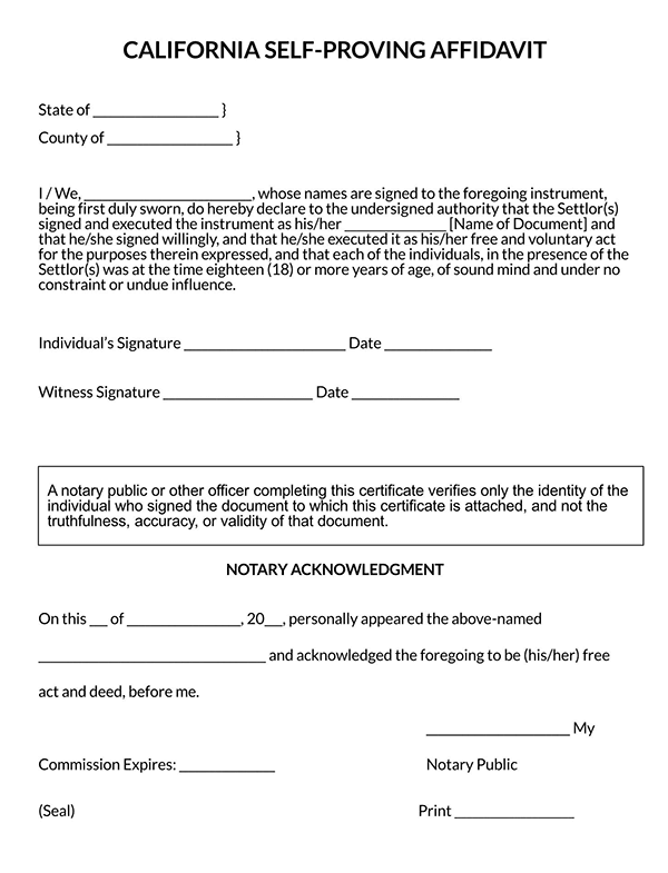 Self-Proving Affidavit Form - Free Example for California (Template)