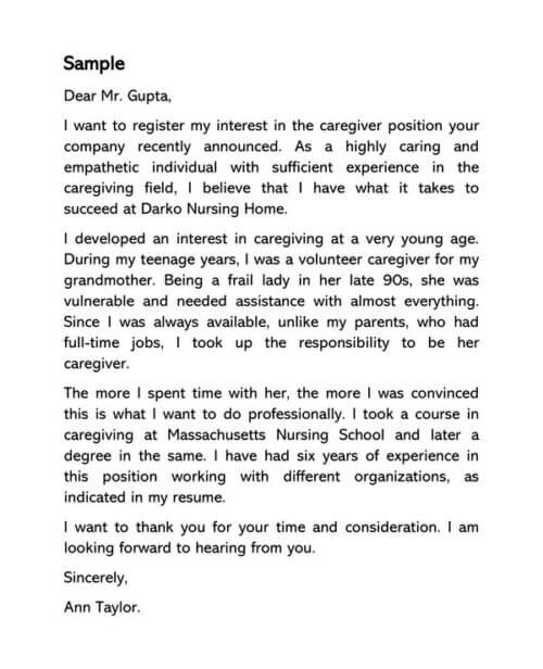 cover letter caregiver sample