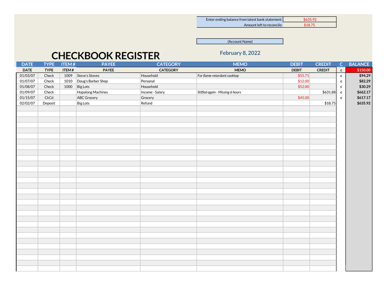 excel checkbook register budget worksheet