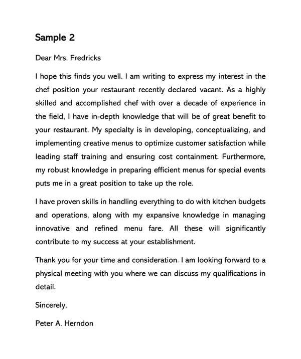 Editable Chef Cover Letter Template 02- Word Format