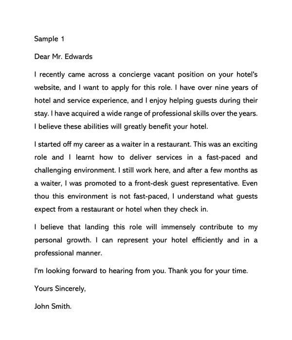 Free Concierge Cover Letter Sample 01- Word Format