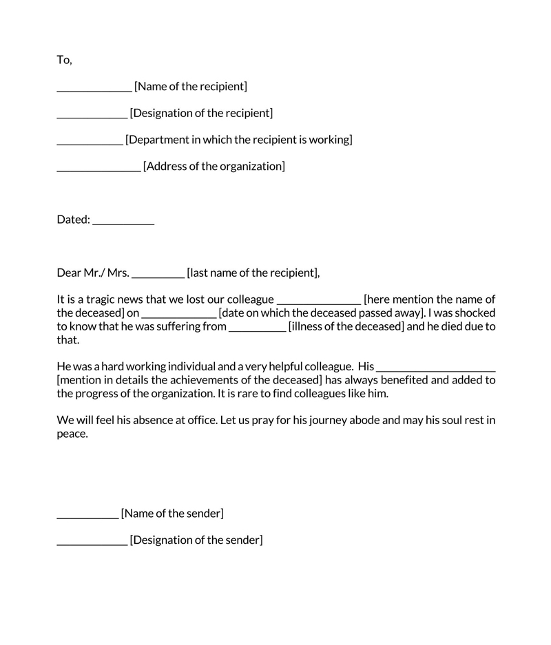 Free Editable Death of Colleague Condolence Letter Sample for Word File