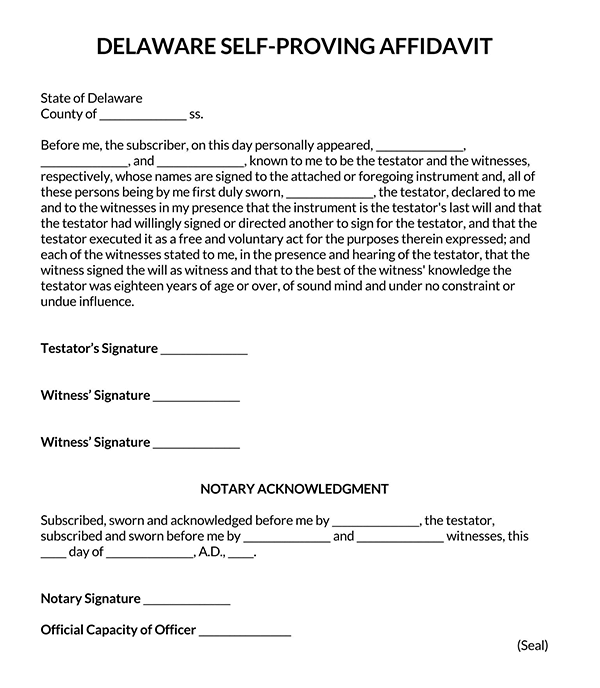 Editable Self-Proving Affidavit Template - Free Sample for Delaware (Printable)