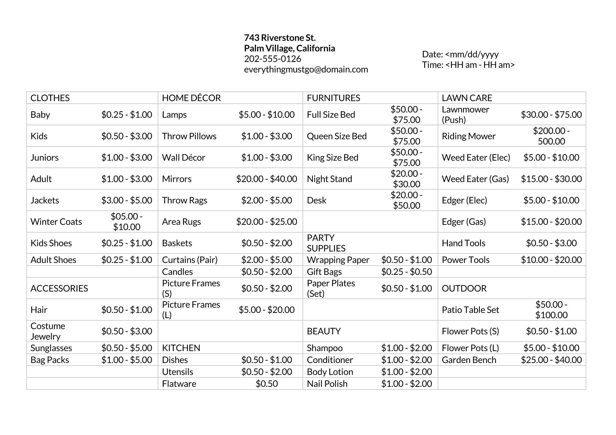 Garage Sale Price List Template