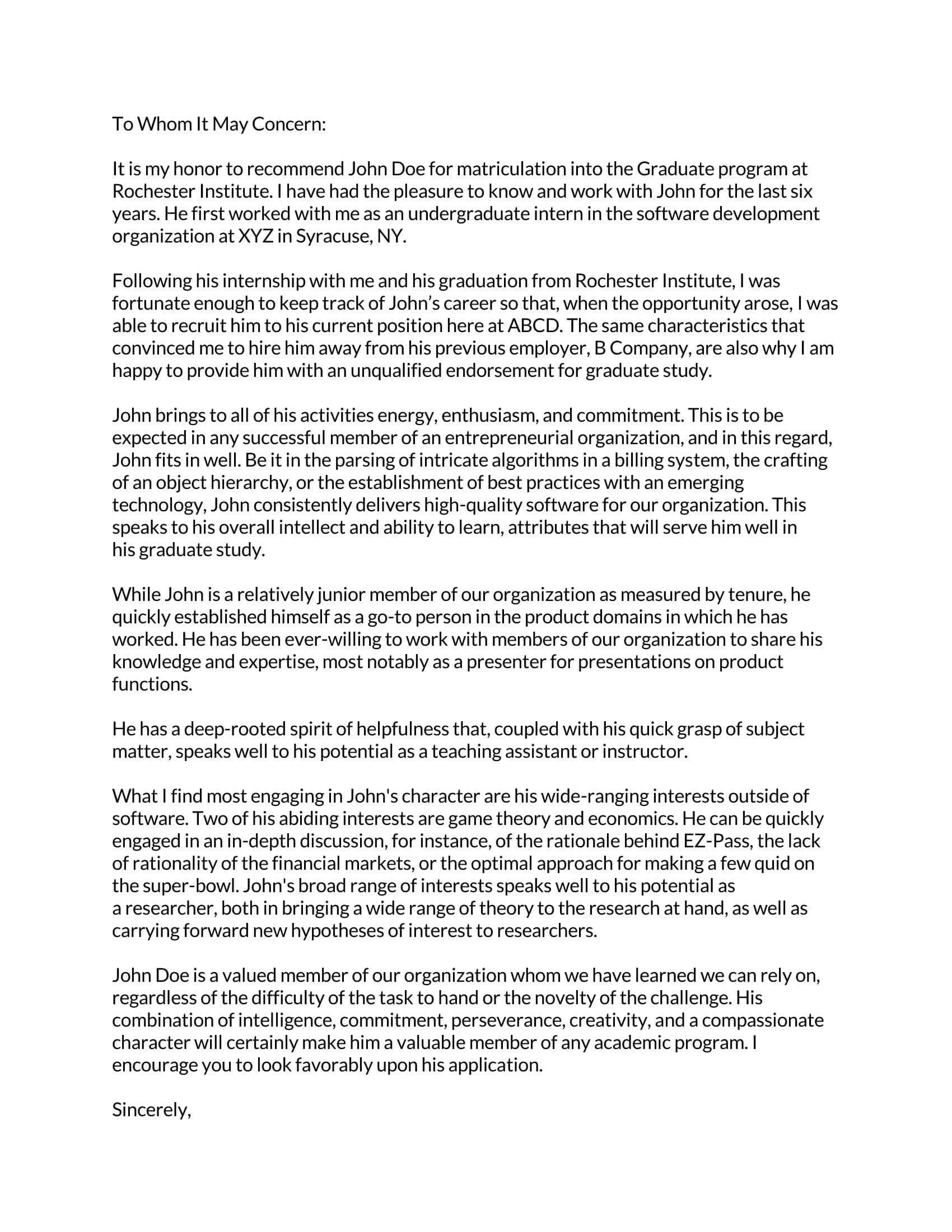 Printable graduate school reference letter sample for free download