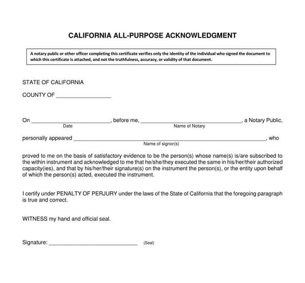 Printable California All-Purpose Acknowledgement Form in Pdf Format