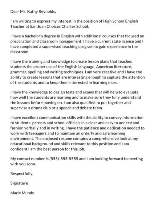 cover letter teaching english
