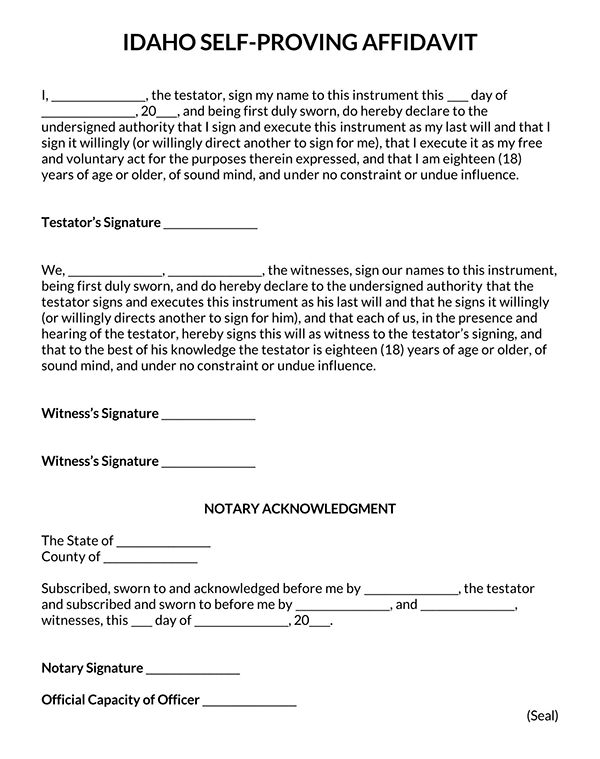 Editable Self-Proving Affidavit Template - Free Sample for Idaho (Printable)