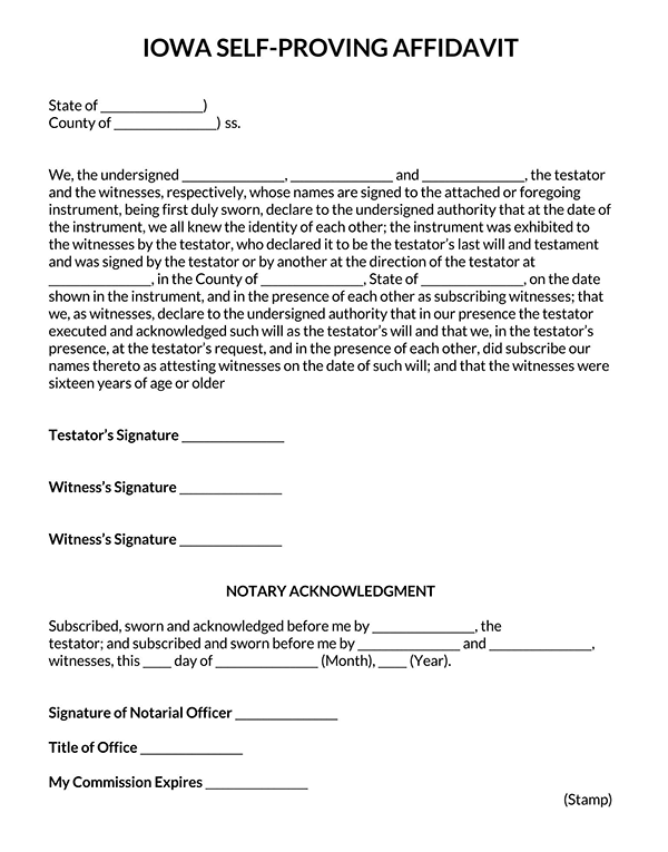 Self-Proving Affidavit Form - Free Example for Iowa (Editable)