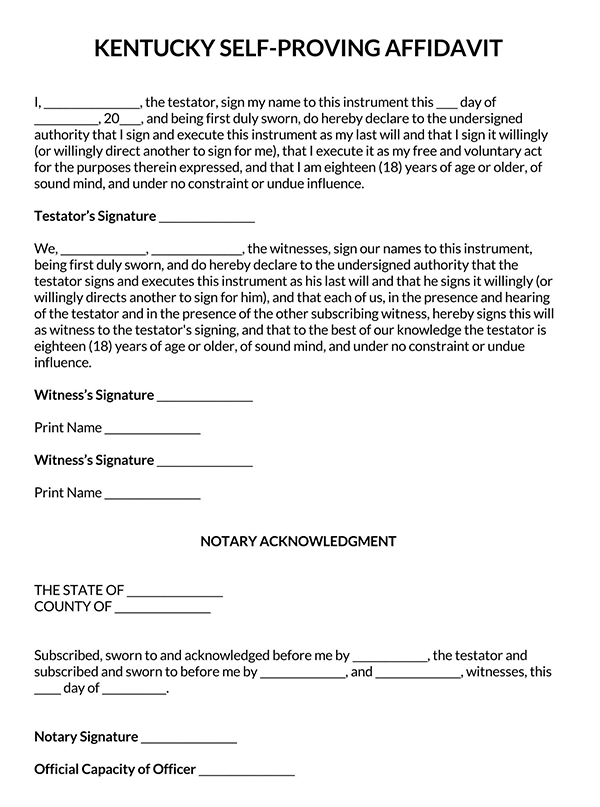 Self-Proving Affidavit Form - Free Example for Kentucky (Printable)